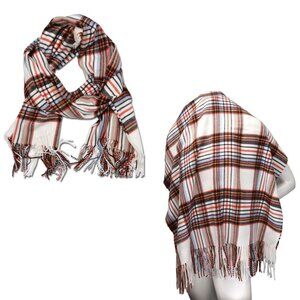 Plaid Indigo Flocked Scarf Super Soft Acrylic Faux Cashmere Long Shawl Wrap Cozy